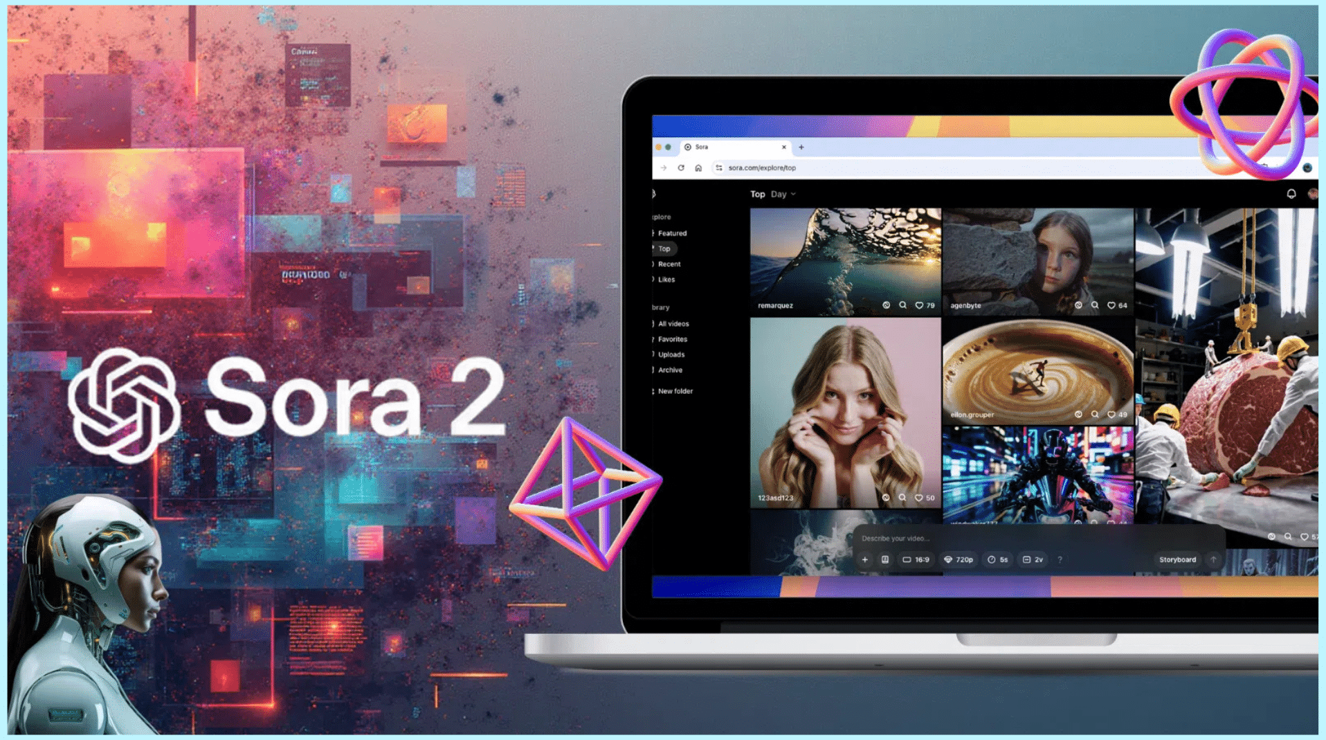 Sora 2 est le nouveau générateur vidéo IA d’OpenAI. Créez des vidéos réalistes et cohérentes à partir d’un texte, avec une qualité cinématographique et un contrôle total sur le rendu.