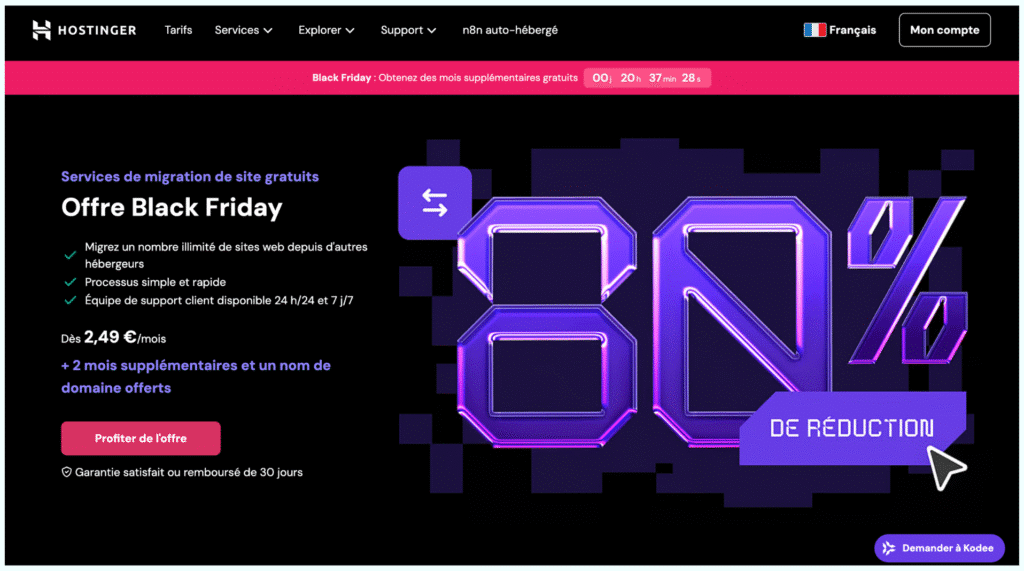 Hostinger vous offre un hébergement web ultra-rapide, fiable et optimisé. Boostez vos sites avec des serveurs performants et un support expert.